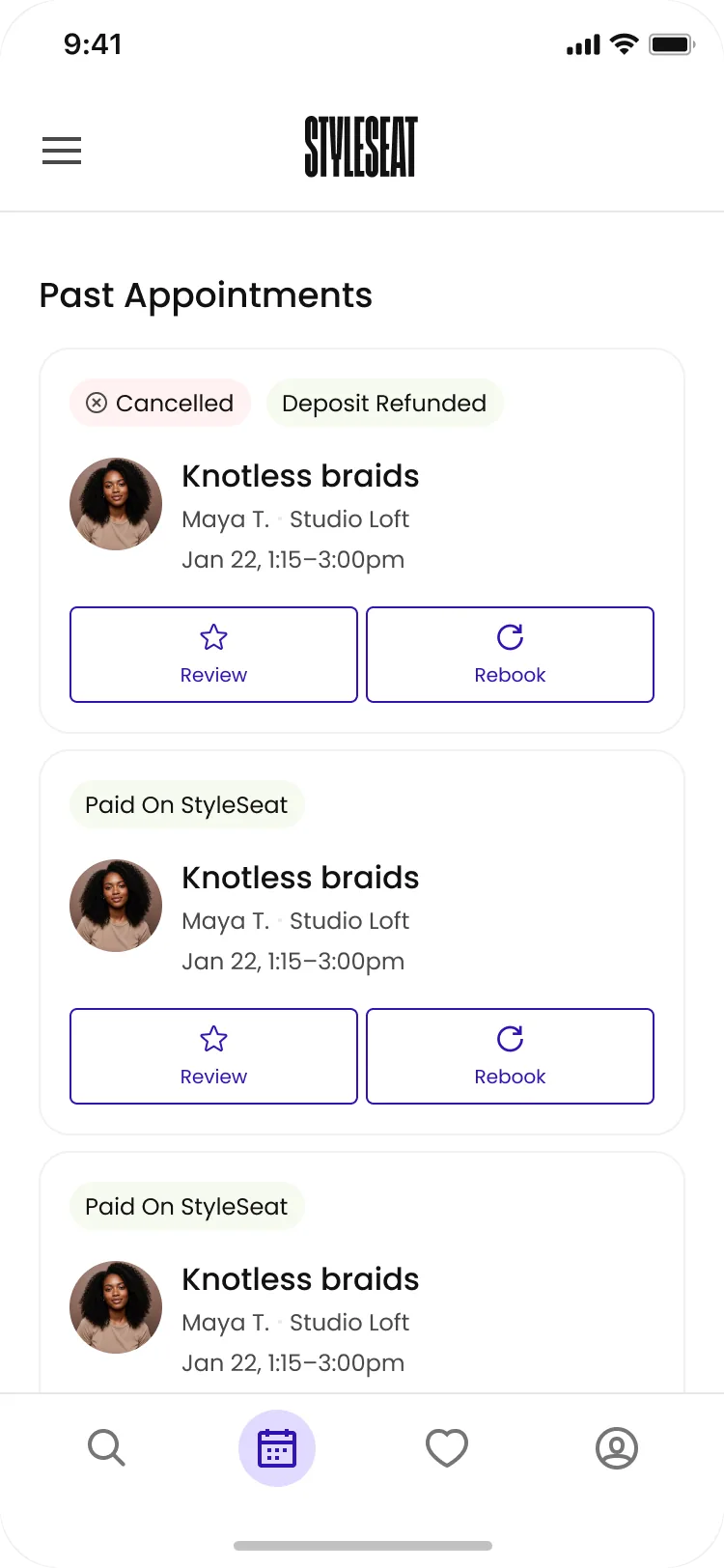 The previous appointments tab: a flat Past Appointments list of finished bookings, each card carrying Review and Rebook.