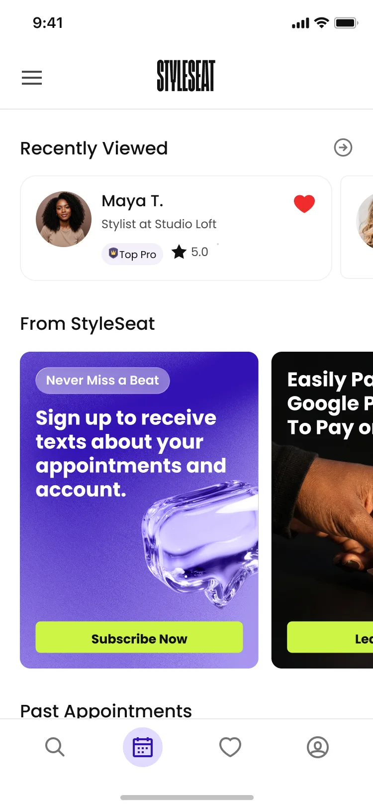 Recently viewed and saved stylists on the appointments tab