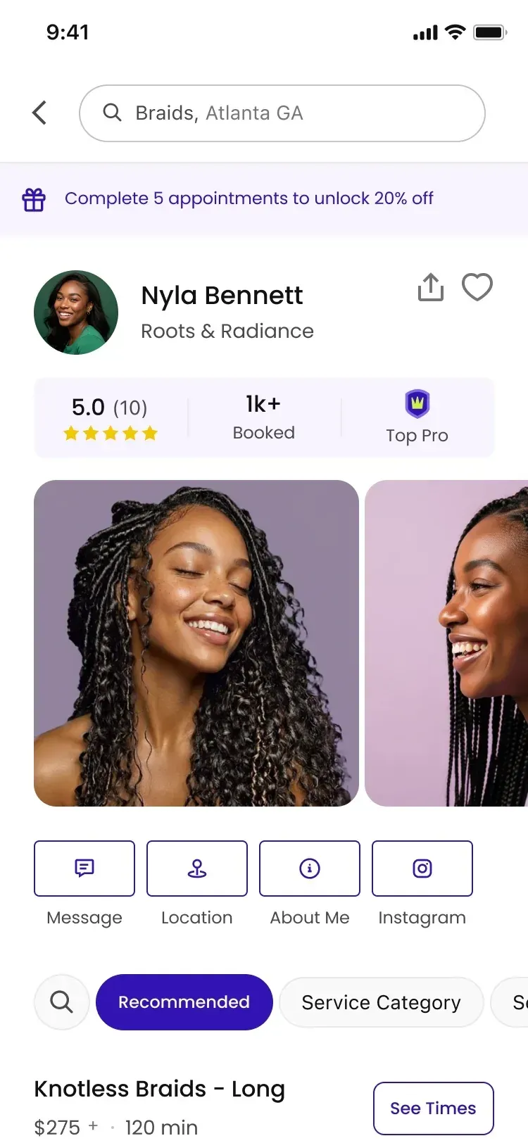 Client app: loyalty progress shown on the pro's profile.